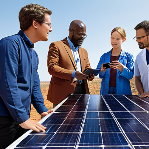 ** A diverse group of engineers and scientists from different countries collaborating on a next-generation solar panel design. Focus on teamwork and innovative technology. The setting could be a modern lab or a global conference.

**