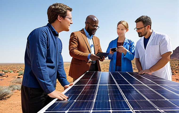 ** A diverse group of engineers and scientists from different countries collaborating on a next-generation solar panel design. Focus on teamwork and innovative technology. The setting could be a modern lab or a global conference.
**